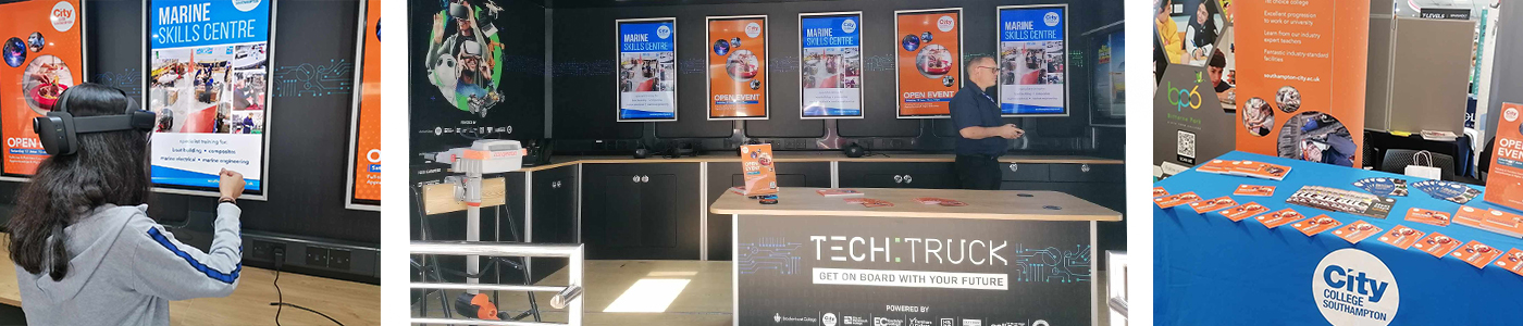 Photos of TECH:TRUCK being used and a college branded stand at an event